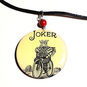 Joker Playing Card Pendant Necklace with Red Bead Double Sided 18" L EUC